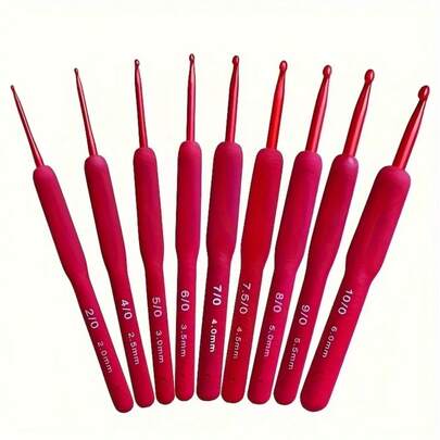 9pcs Elegant Red Soft Handle Crochet Hook Set, Aluminum Ergonomic Knitting Needles With Non-Slip Silicone Grip, Easy Threading Without Snagging, Durable And Easy To Use, Suitable For Knitting And Crochet Projects, Knitting Tools, Yarn Craft Supplies
