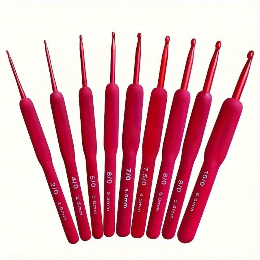 Set 9 buah Jarum Rajut Elegan Warna Merah dengan Pegangan Lembut, Jarum Rajut Ergonomis Aluminium dengan Pegangan Silikon Anti Selip, Mudah Memasukkan Benang Tanpa Tersangkut, Tahan Lama dan Mudah Digunakan, Cocok untuk Proyek Merajut dan Merenda, Alat Rajut, Perlengkapan Kerajinan Benang - Berbagai gaya - View 1