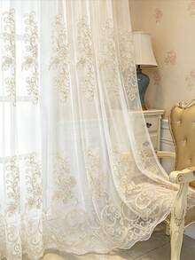 1pc Rod Pocket Luxury European Style Gold Thread Vine & Floral Embroidered Sheer Curtain, Wavy Top Edge, Semi-Sheer Decorative Window Sheer For Home Living Room And Bedroom - Multicolor - View 6