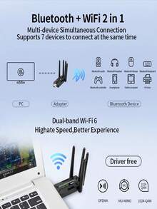 Driver-Free Wireless Network Adapter, WiFi6 High-Speed 5G Dual-Band USB Computer Receiver - Black - View 3