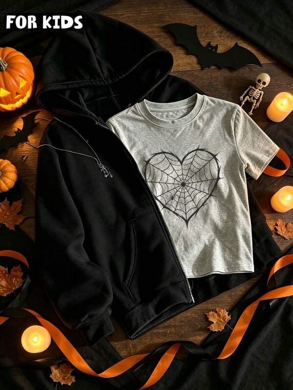 Kids Halloween Casual Fall 2pcs Outfit, Soft Cotton‑Feel Zip Hoodie Jacket & Heart Spider Web Print Graphic Tee