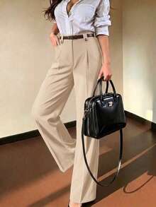 Pantalones de traje para mujer elegantes y casuales de otoño con cintura alta, pierna ancha plisada, detalle de botones dorados, bolsillos laterales, corte holgado, outfit para brunch, ciudad, trayecto al trabajo y día laboral - Albaricoque - Ver 2
