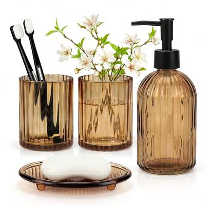 Juego Baño Vidrio Ámbar 4Pcs: Dispensador 400ml, 2 Vasos, Jabonera | Dispensador de Jabon Baño, Juego de Baño Accesorios, Fácil Limpieza, Diseño Rayado Moderno