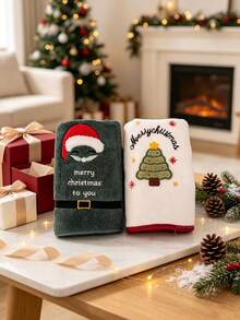 5/2/1pc 13.8*29.5 Inch Hanging Coral Fleece Towel, Christmas Gift, Embroidered Reindeer Tree Pattern, Super Soft Absorbent Quick Dry Face Towel, Hair Wrap, Shower, Makeup Removal, Christmas Bathroom Home Decor - Multicolor - View 8