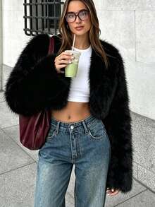 Women's Solid Color Fashionable Playful Versatile Short Fur Jacket - Black - View 4