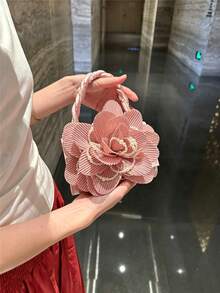Dedoo 女款粉色晚宴手拿包，方形硬殼包，3D條紋玫瑰花裝飾，珍珠飾邊手柄，浪漫仙女風新娘婚禮約會包 - 粉色 - 查看 6