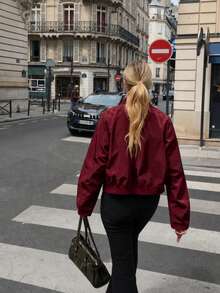 Women's Zipper Short Flight Jacket, Autumn Casual Street Style Lightweight Solid Color Regular Fit Baseball Collar Jacket - Burgundy - View 12