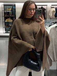 Women's Sleeveless Knit Pullover Sweater, Regular Fit, Fashionable Brown Cape-Style Top, Suitable For Autumn/Winter Casual Wear - Brown - View 7