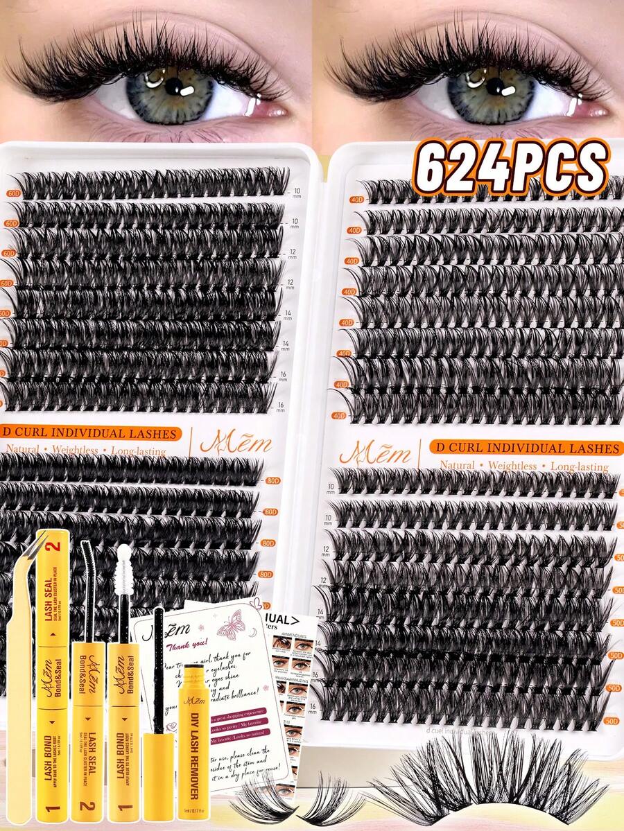 Large‑Capacity 624Pcs D‑Curl Fluffy DIY Lash Clusters, 30D+40D+60D+80D Mixed Densities, Comes With Essential Tools Including Lash Adhesive And Tweezers,Lightweight For Big‑Eye Wedding Party Travel Occasions