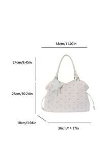 Polka Dot Print Tote Bag With Star Charm, Large Capacity Storage, Adjustable Drawstring, Sweet Casual Style, Handheld And Shoulder Carry, Suitable For School, Commute, Shopping, Travel, Daily Use, Fresh Atmosphere, Easy To Match With Various Outfits, Practical And Stylish - White - View 2
