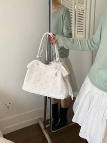 Polka Dot Print Tote Bag With Star Charm, Large Capacity Storage, Adjustable Drawstring, Sweet Casual Style, Handheld And Shoulder Carry, Suitable For School, Commute, Shopping, Travel, Daily Use, Fresh Atmosphere, Easy To Match With Various Outfits, Practical And Stylish - White - View 6