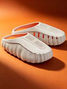 Men's Perforated Serrated Thick Sole Slip-On Sandals, Functional Style Hollow Shoes, Summer Outdoor Casual Slippers, Bathroom Anti-Slip Slides - Grey Orange - View 1