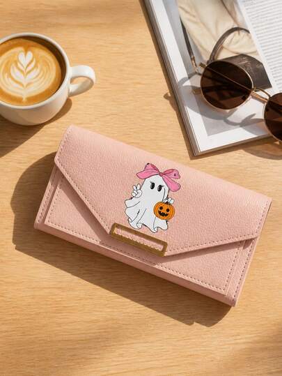 Korean Style PU Leather Long Wallet, 2D Printed Bow Ghost Pumpkin Cute Pattern, Minimalist Envelope Style Coin Purse Card Holder, Multiple Card Slots For Organized Storage Of Cash, Bank Cards And Transit Cards, Lightweight And Portable, Suitable For Daily Commute, Campus Use And Holiday Parties, Designed For Young Women And Students, Also A Halloween Surprise, Back To School Gear And Best Friend Exchange Gift, A Practical Small Gift For Yourself Or Friends And Family, Adds Festive Atmosphere To Your Daily Outfit Details