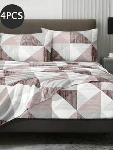 4-Piece Pink & Gray Triangle Patchwork Bedding Set, Easy Care Soft Bedding Set, Includes 1 Flat Sheet + 1 Fitted Sheet + 2 Pillowcases, King/Queen/Full/Twin Size, Deep Pocket Fits Up To 11.8 Inches, Back To School Dorm Bedding - Pink - View 2
