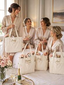 Custom Embroidered Bridesmaid Tote Bag, Personalized Canvas Beach Bag With Initial Ribbon, Bridesmaid Wedding Gift, Bridal Party Tote Bag - Multicolor - View 3