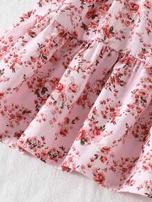 Young Girl Elegant Sweet Cute Gentle Lady Gift Minimalist Pretty Outdoor Street Comfortable Fashion Pink Vintage Exquisite Small Rose Floral Pattern Digital Print Round Neck Elastic Puff Cuff Long Sleeve Ruffle Hem A-Line Princess Dress Suitable For Spring And Autumn - Pink - View 12