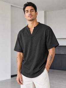 Blueprint Man 1pc Men's Black Herringbone Henley Collar Short Sleeve T-Shirt, Stand Collar V-Neck Placket, Breathable Skin-Friendly Wrinkle-Resistant Draping Textured Knit Fabric, Mature Old Money Style Casual Top, Spring Summer Commute, Light Business, Date Outfit - Black - View 10
