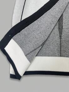 Women's French Minimalist Line Jacquard Knit Cardigan, Round Neck Contrast Ribbed Trim Long Sleeve, Versatile Short Cardigan For Early Autumn Casual Outings - Black and White - View 5