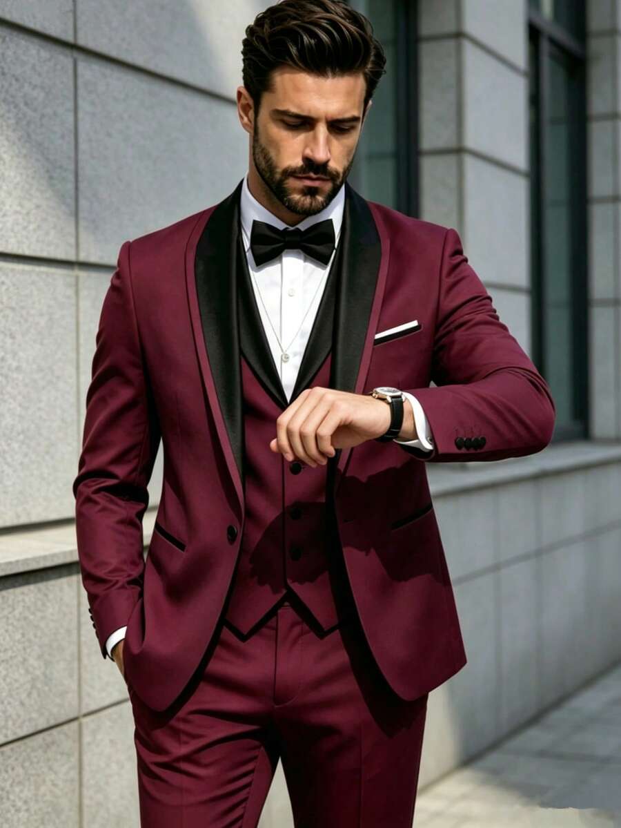 SuitGent 三件套男士高品质商务西装，撞色新郎婚礼礼服，修身休闲西装外套和裤子套装，春季礼服套装