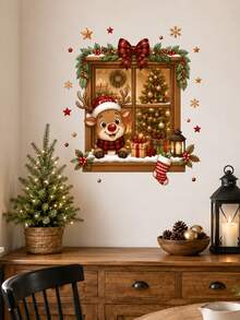 1pc Christmas Window Scene Wall Sticker Santa Claus Reindeer Peeking Through Window Christmas Tree Gift Box Holiday Window Decal Cozy Christmas Home Decor Self-Adhesive Removable Waterproof PVC Peel And Stick Wall Sticker For Home Holiday Decoration - Christmas Wall Decals - View 3