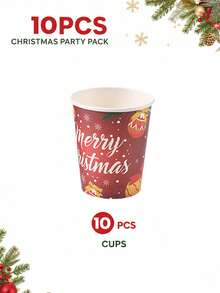 10/24pcs Red Christmas Ball, Pine Branch And Bow Print Paper Tableware Set, Includes Paper Cups, Popcorn Food Boxes, Napkins And Straws, Disposable Paper Tableware Suitable For New Year Celebrations, Family Gatherings, Dessert Events And Seasonal Parties - Multicolor - View 12