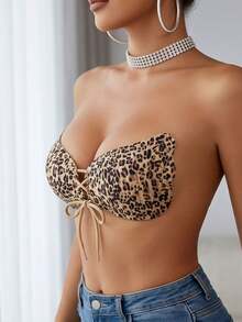 YIYANG 2/1pc Women's Leopard Print Invisible Adhesive Bra, Strapless Backless Breast Pads, Adjustable Tie-Up Push-Up Bra, Seamless Fit, Suitable For Evening Dresses With Low Neckline And Open Back - Multicolor - View 2
