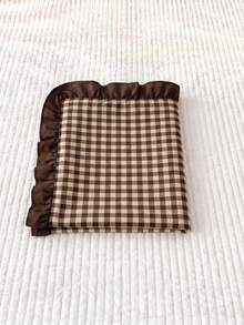 1pc Digital Printed Khaki Plaid With Matching Mocha Ruffles Long Pillowcase (Without Insert), Comfortable And Breathable Polyester Fiber Suitable For All Seasons, Used In Bedroom Settings, Home Decoration, Versatile Daily Fresh And Cute - Multicolor - View 6