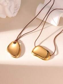 GEREIT 2pcs 18k Gold Stainless Steel Polished Asymmetric Geometric Pendant Wax Rope Necklace - Gold - View 5