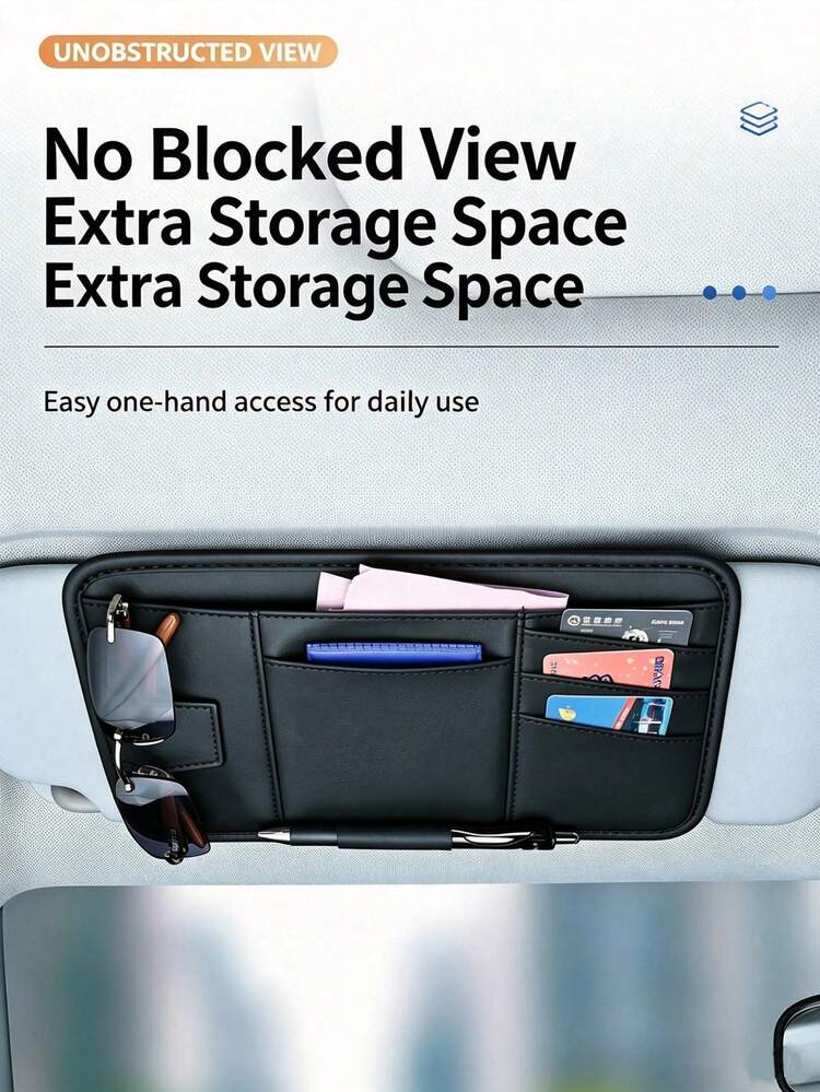 1pc Car Sun Visor Organizer, PU Leather Multi-Pocket Sun Visor Cover, Can Store Fashion Glasses And Cards/Documents, Retains Original Vanity Mirror Function, Automatic Interior Accessory - A - View 3