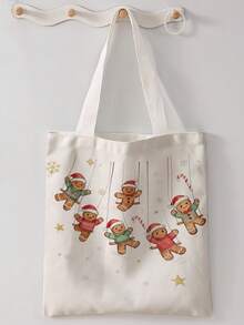 1pc Random Christmas Print Canvas Tote Bag, Large Capacity Hand‑Held Shoulder Bag,Reusable Shopping Bag For Music Festival Party Daily Packing Books - Pink - View 9
