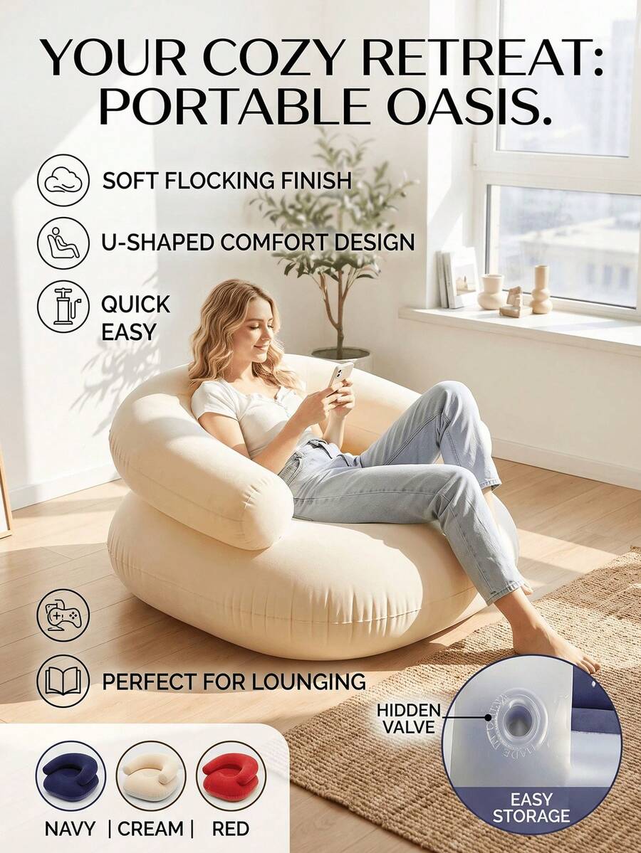 1件 U型柔軟絨毛充氣懶人沙發，附扶手與靠背，耐用防漏 PVC 便攜可折疊充氣沙發，適合室內/戶外居家辦公、露營與日常使用舒適休閒椅