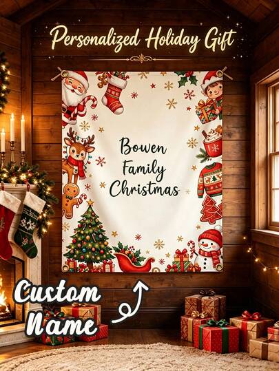 Custom Family Christmas Backdrop, Personalized Last Name Holiday Wall Hanging, Festive Santa Reindeer Snowman Decor, Customized Name Christmas Party Banner, Customizable Photo Prop, Home Wall Decoration, Christmas Gift, Family Gathering, Room Decor