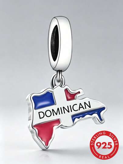 RADIVIDE 1 pieza Colgante de plata de ley 925 con mapa y bandera de República Dominicana, cuentas de estilo caribeño adecuadas para pulsera, regalo de orgullo dominicano, joyería del patrimonio cultural dominicano, colgante con mapa de República Dominicana para pulsera o collar