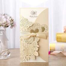 1set Laser Cut Wedding Invitations Card Heart Customize Greeting Cards With Ribbon Bridal Shower Wedding Party Supplies - View 5