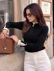 Women's Autumn/Winter 2 In 1 Turtleneck Knit Sweater, New Style Layering Long Sleeve Top Black Fall - Black - View 1
