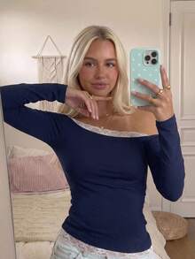 Autumn New Lace Patchwork Asymmetric Shoulder Long Sleeve T-Shirt, Sweet & Spicy Slim Fit Flattering Top - Navy Blue - View 1