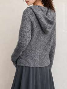 Women's Autumn/Winter Casual Minimalist Floral Sheer Hooded Knit Cardigan Sweater - Grey - View 2