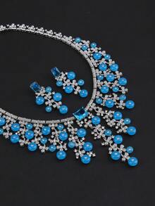 1 Set 3Pcs Fashion Grape‑Shape Copper Inlaid Zirconia Jewelry Set, Necklace & Earrings, Evening Party Accessories For Formal Gown Matching - Elegant Jewelry Set - View 6