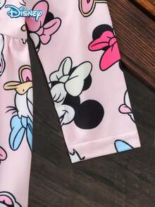 Disney Minnie & Mickey Big Head Print Pink Long Sleeve Dress For Baby Girls, Spring/Autumn, Cartoon Pattern, Slightly Elastic Knit, Round Neck, Suitable For Baby Girl Daily Wear, Great Gift - Pink - View 5