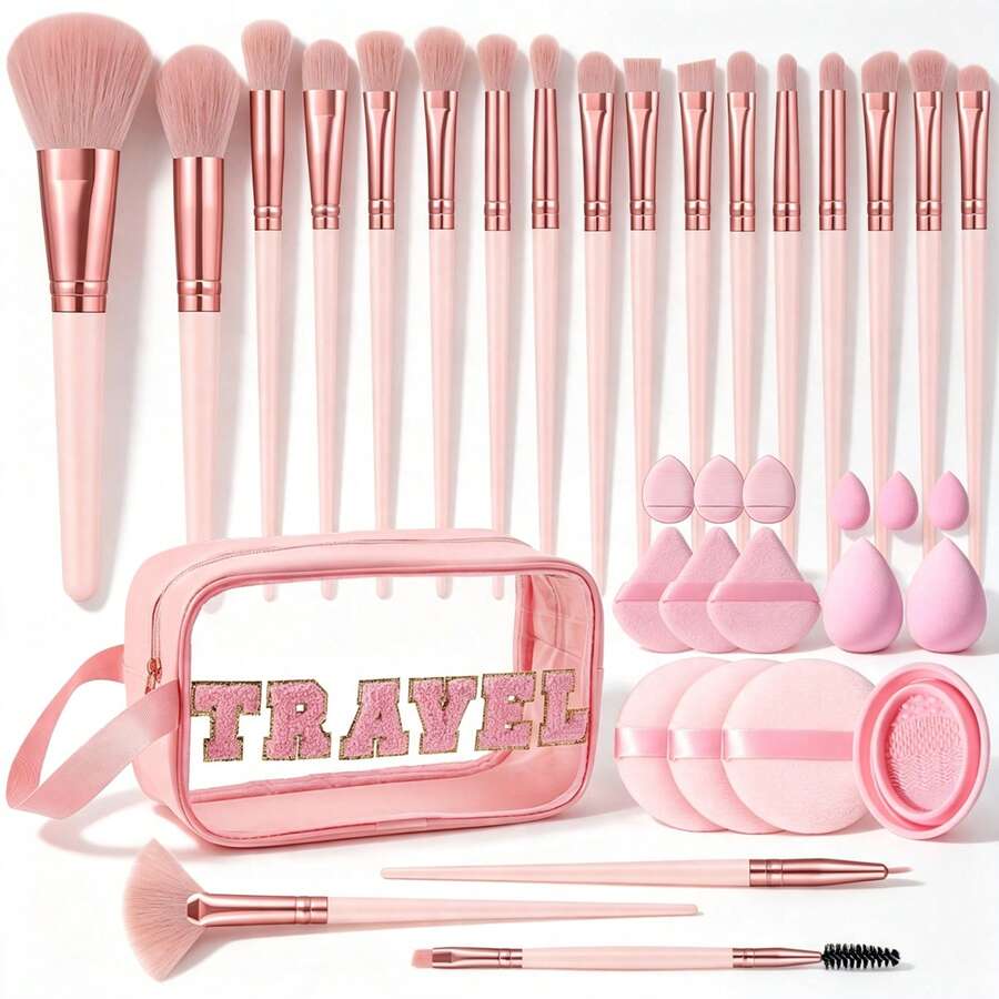 36 Pcs/1 PC Total Makeup Tool Kit, 20 Pcs Light Pink Makeup Brushes, 15 Pcs Makeup Accessories And Medium Single‑Handle Pink Letter Transparent Makeup Bag. Transparent Letter Bag Shows Inner Items, Single‑Handle For Convenient Travel Storage - Multicolor - View 1