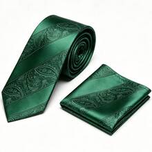 Men's Tie Set, Classic Fashion Tie And Pocket Square Set, Suitable For Weddings, Business And Banquets - Green - View 2