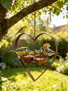 Rusty Metal Heart-Shaped Bird Feeder, Dual Bowl Design, Vintage Distressed Bird Food And Water Dual-Use Feeder, Hanging Design Suitable For Trees And Backyard Gardens, European Courtyard Landscape Country Style Outdoor Decor - Multiple Styles - View 6