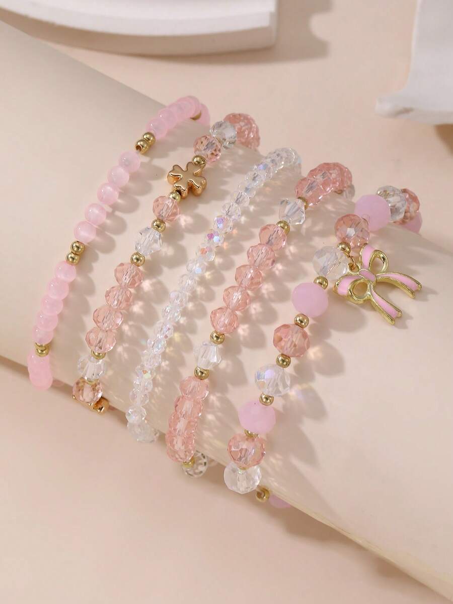 5pcs/Set Girls Beaded Bracelets Sweet Bow Pendant Elastic Wristbands Versatile Accessories - Multicolor - View 1