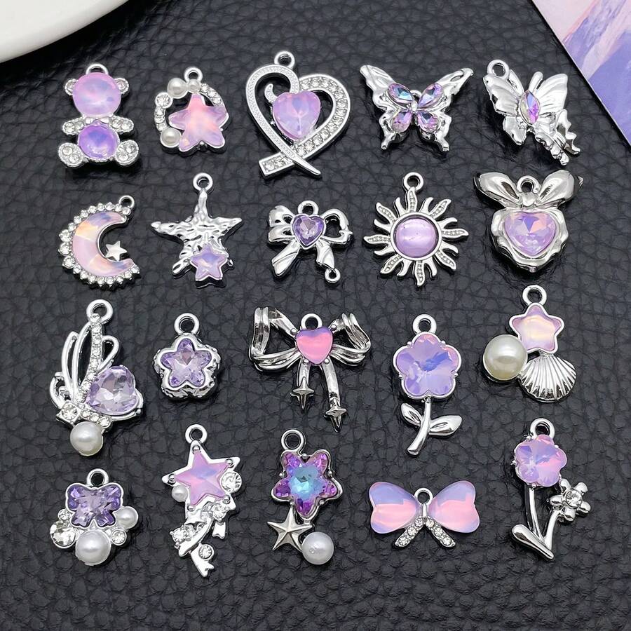 5/20pcs Silvery Plated Purple Rhinestone Charms Dolphin Shell Star Heart Butterfly Owl Pendant For DIY Necklace Earring Jewelry Making Findings