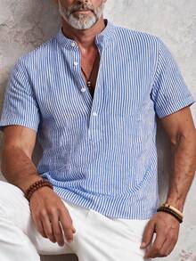 GOLDREDY Stand Collar Half-Button Striped Short Sleeve Shirt Men's Summer Seersucker Breathable Japanese Casual Henley Collar Shirt - Blue - View 4
