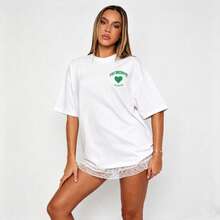 Unisex Oversized Short Sleeve Crew Neck Cotton T-Shirt, White Green Heart "You Breakout You Buy It" Print, Summer Casual Streetwear - White - View 3