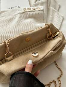 Women's Solid Color Gold Chain Strap Ruched Design Crossbody Shoulder Evening Clutch Bag, Elegant Style, Suitable For Party And Daily Wear, All Season - Khaki - View 6