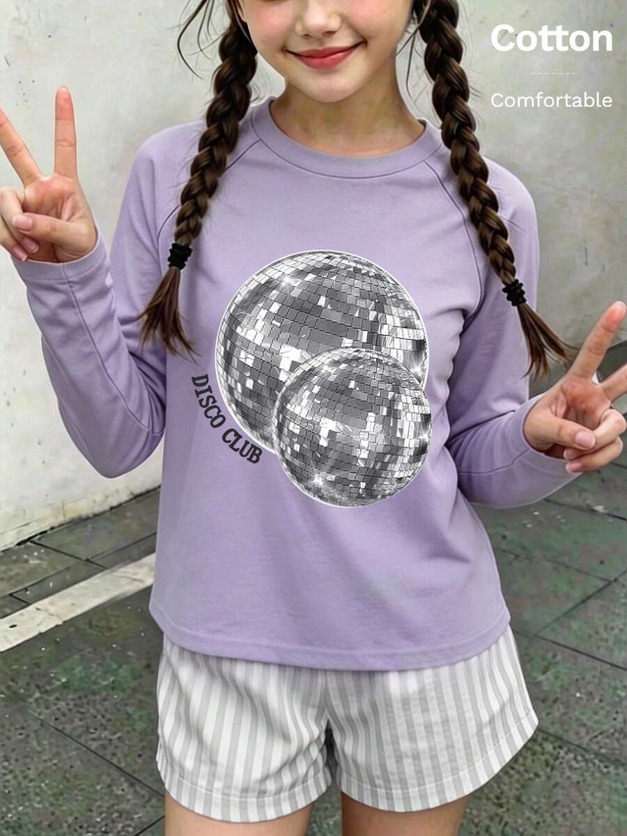 تي شيرت خريف للبنات بأكمام طويلة مع طباعة كرة الديسكو ونص 'DISCO CLUB'، ملابس علوية كاجوال بياقة دائرية - ارجواني فاتح - مشاهدة 1
