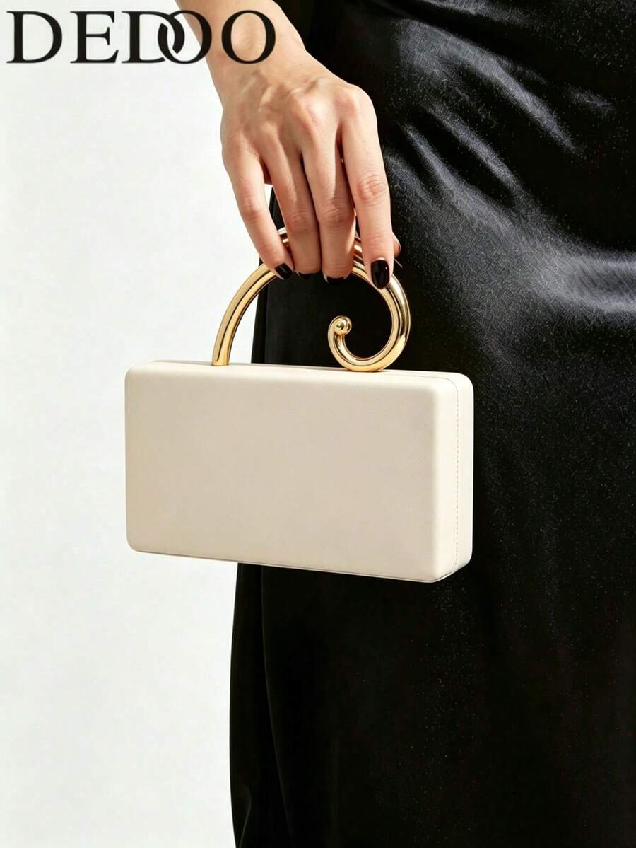 Women's Evening Clutch Bag, Rectangular Hard Shell, Spiral Curved Gold Top Handle, Detachable Crossbody Chain, Classy Purse For Dinner Date & Wedding - White - View 1