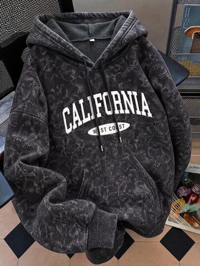 Women's Gray Floral Hooded Sweatshirt, Puff California West Coast Letter Print Kangaroo Pocket Drawstring Drop Shoulder Sportswear Casual Black Fall